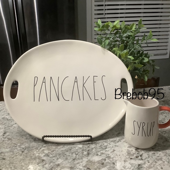 Rae Dunn PANCAKES platter and SYRUP pitcher with orange handle- Rare Set - Picture 2 of 3